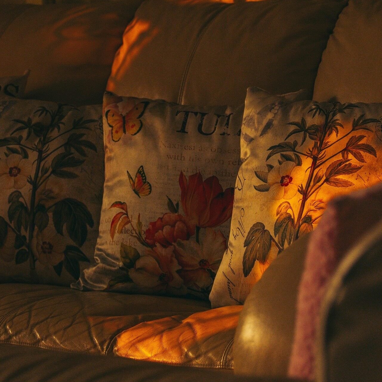 Silk pillows on the sofa